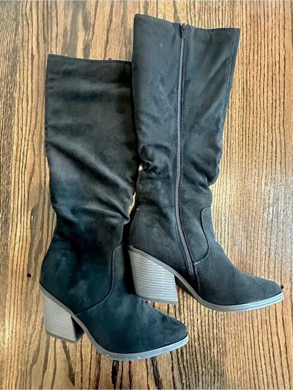 Black Faux Suede Knee High Boots Pointed Toe Block Heel Size 10